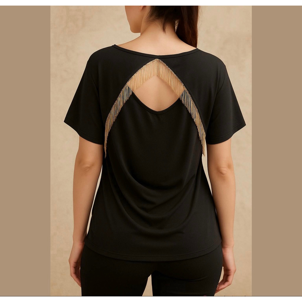 Lucky 777 Cotton top blouse with gold metallic tassels on a back grey Sz 3XL